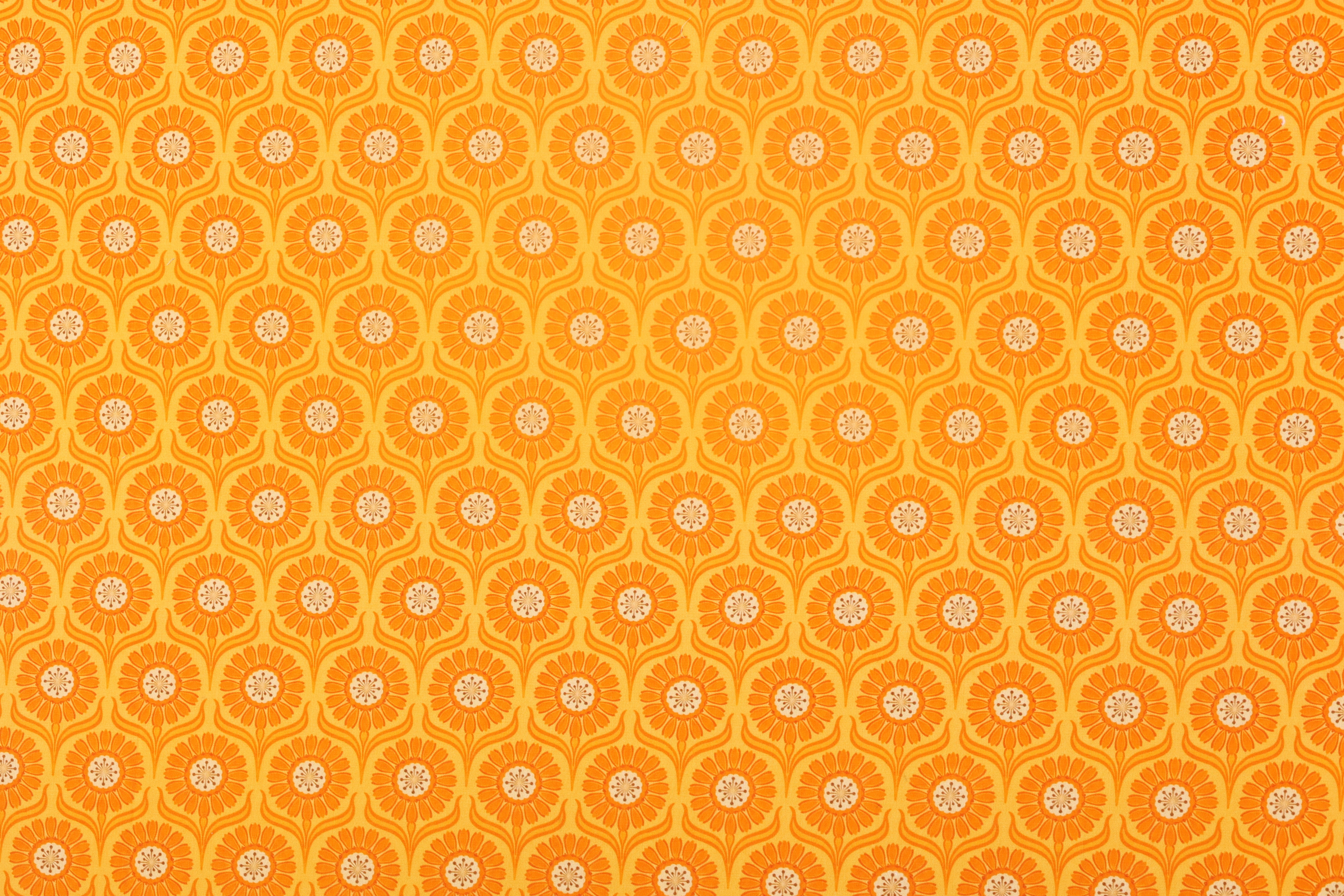 100% Cotton Printed Fabric - Retro Daisy Print, Green and Orange, 73 GSM, Width 145 CM