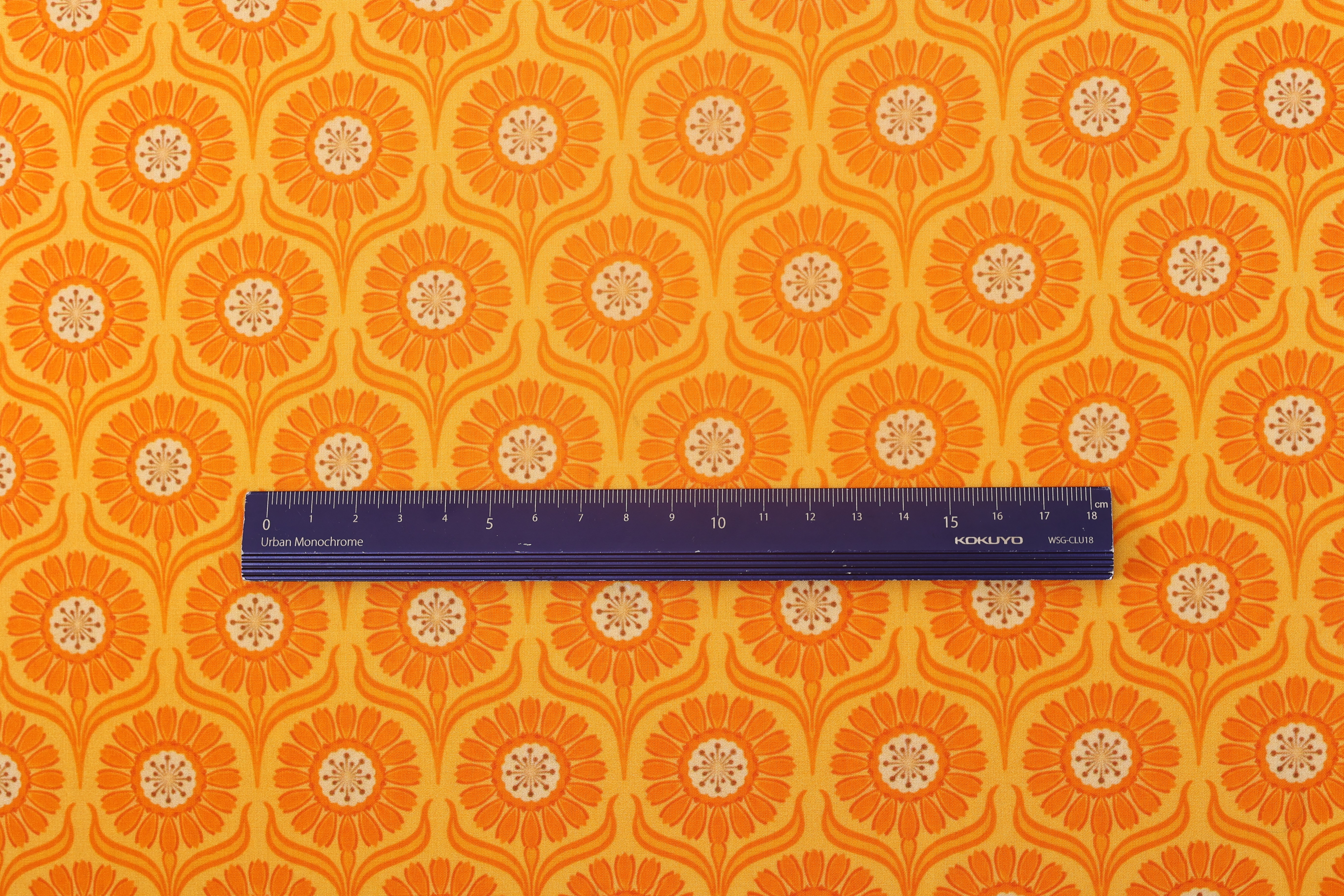 100% Cotton Printed Fabric - Retro Daisy Print, Green and Orange, 73 GSM, Width 145 CM