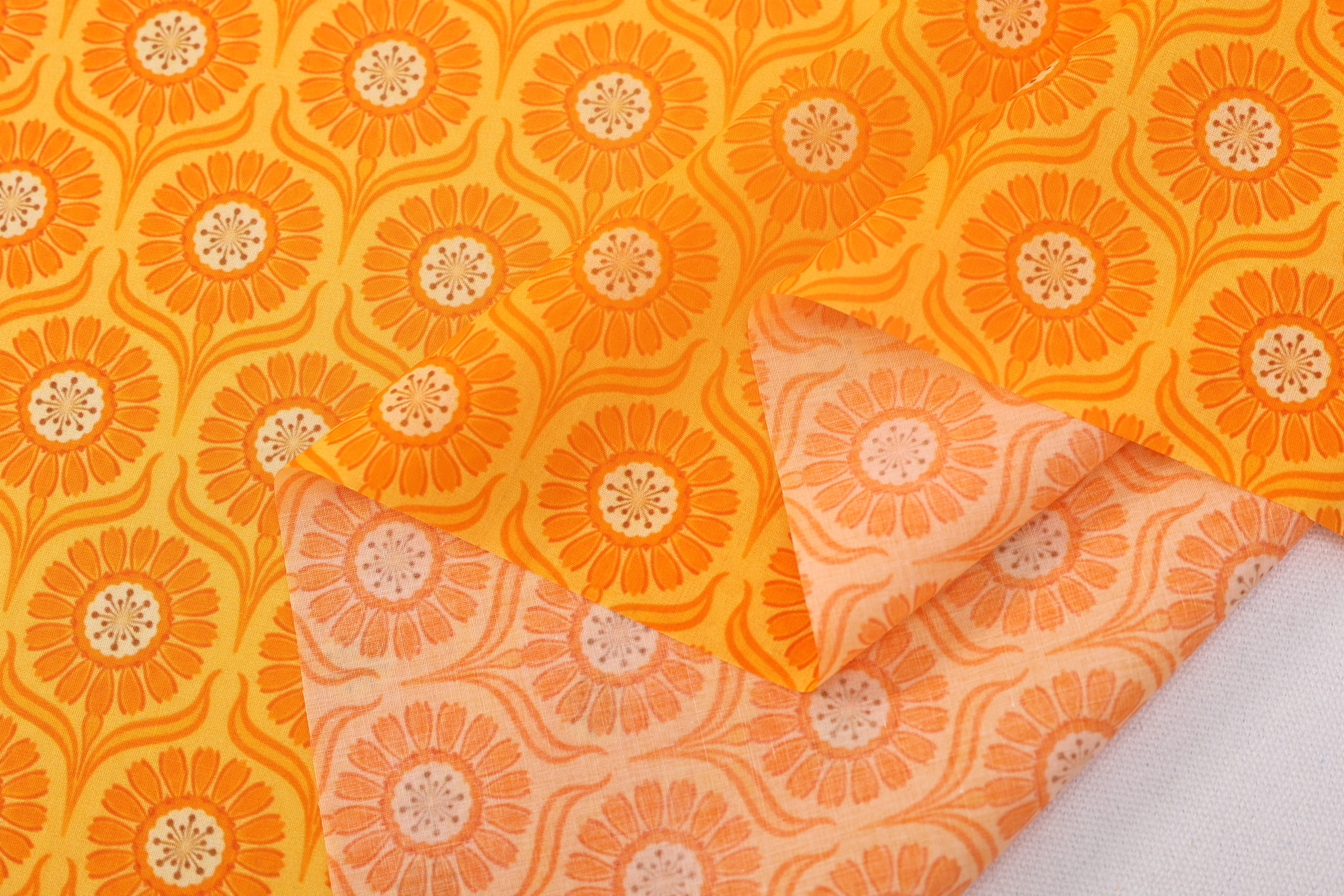 100% Cotton Printed Fabric - Retro Daisy Print, Green and Orange, 73 GSM, Width 145 CM