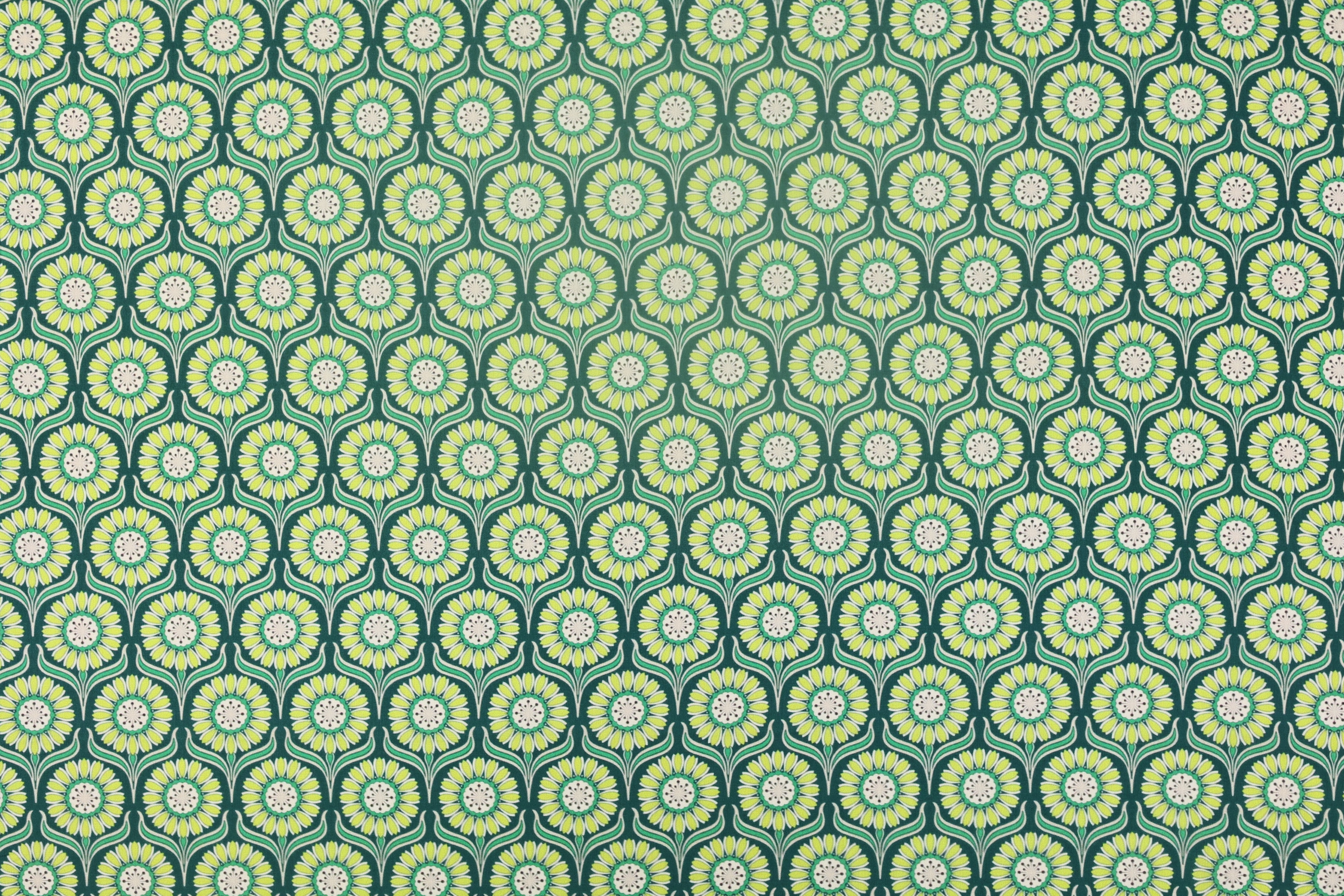 100% Cotton Printed Fabric - Retro Daisy Print, Green and Orange, 73 GSM, Width 145 CM