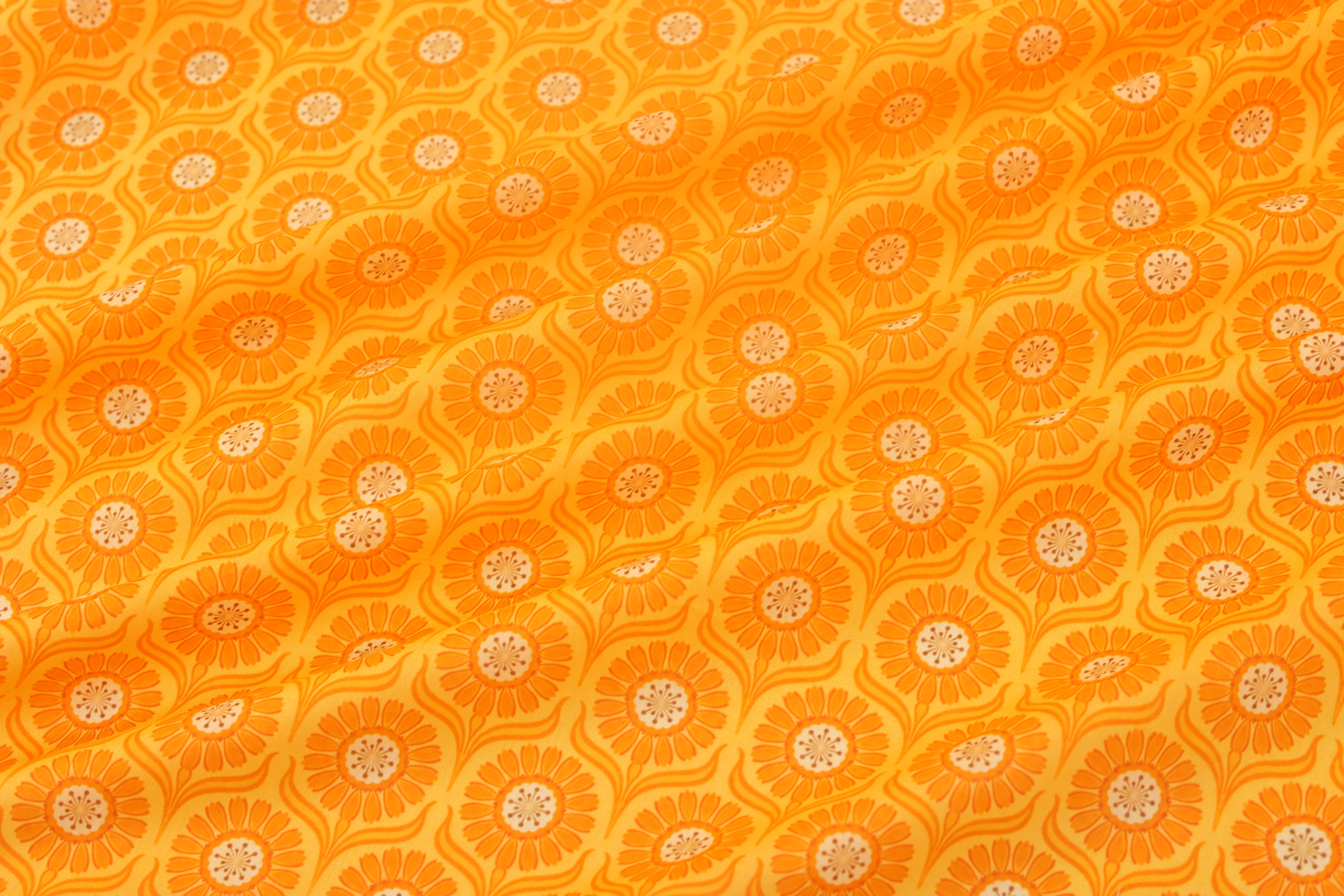100% Cotton Printed Fabric - Retro Daisy Print, Green and Orange, 73 GSM, Width 145 CM
