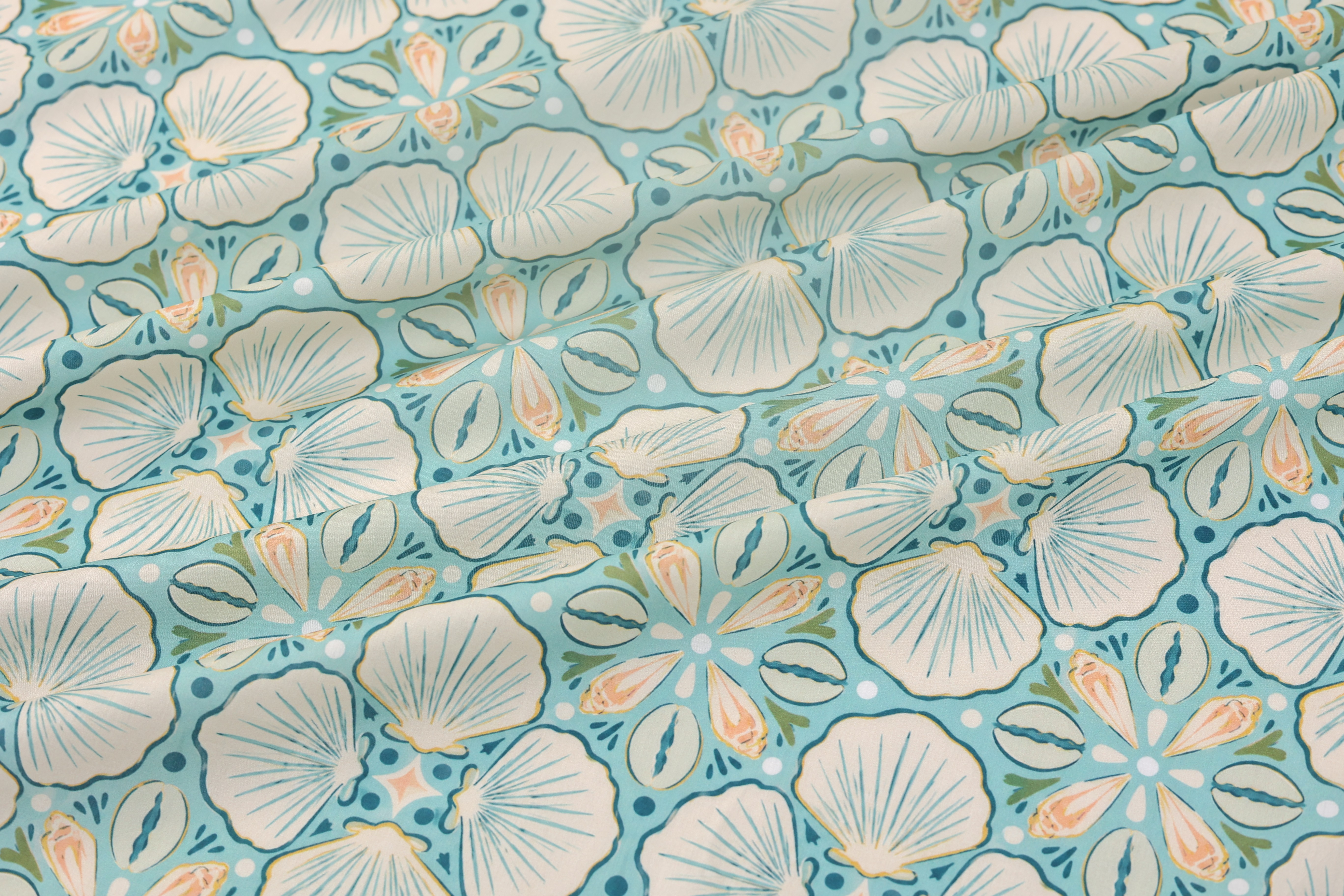 100% Cotton Printed Fabric - Seashell Print, Lilac and Aqua, 73 GSM, Width 145 CM