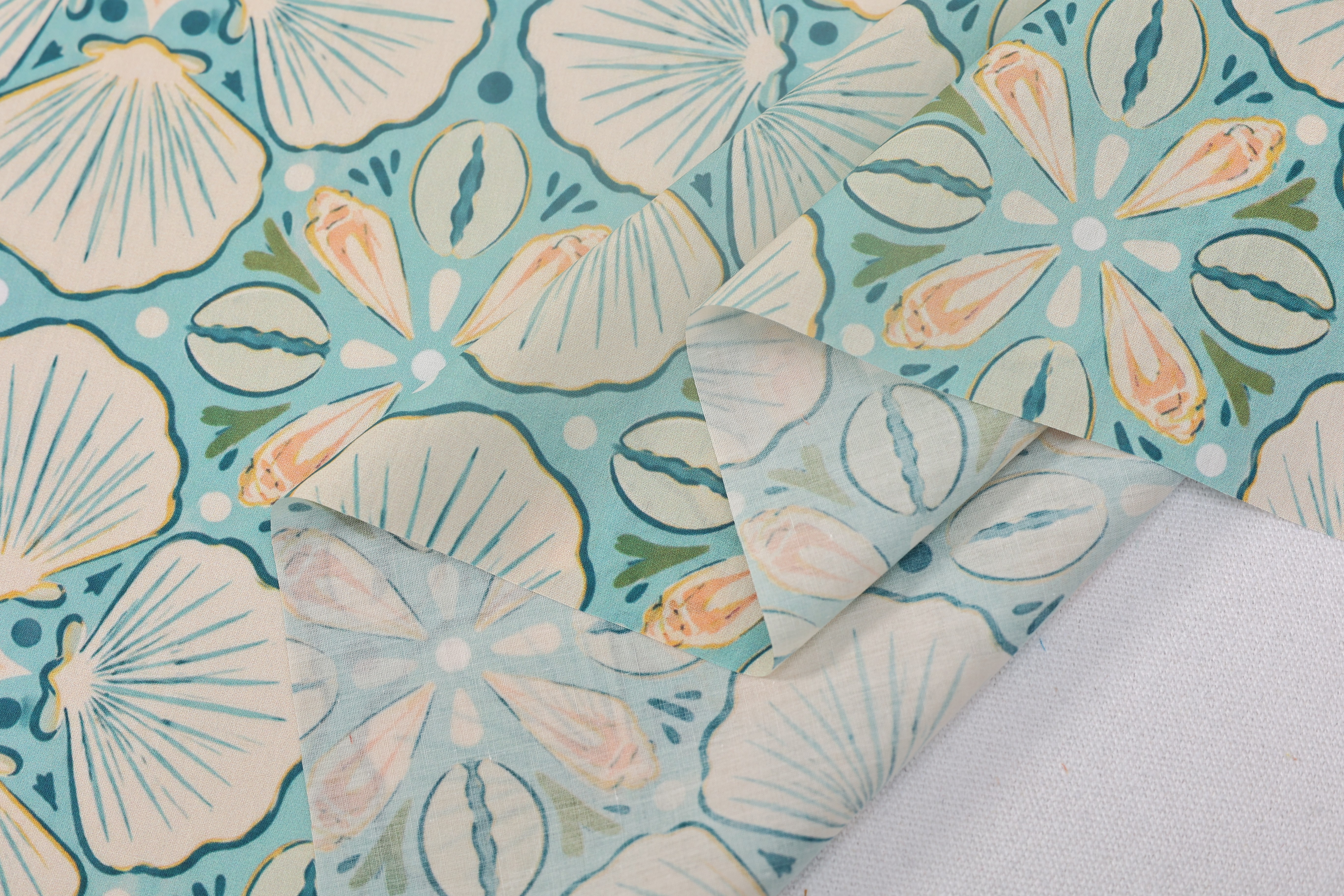 100% Cotton Printed Fabric - Seashell Print, Lilac and Aqua, 73 GSM, Width 145 CM