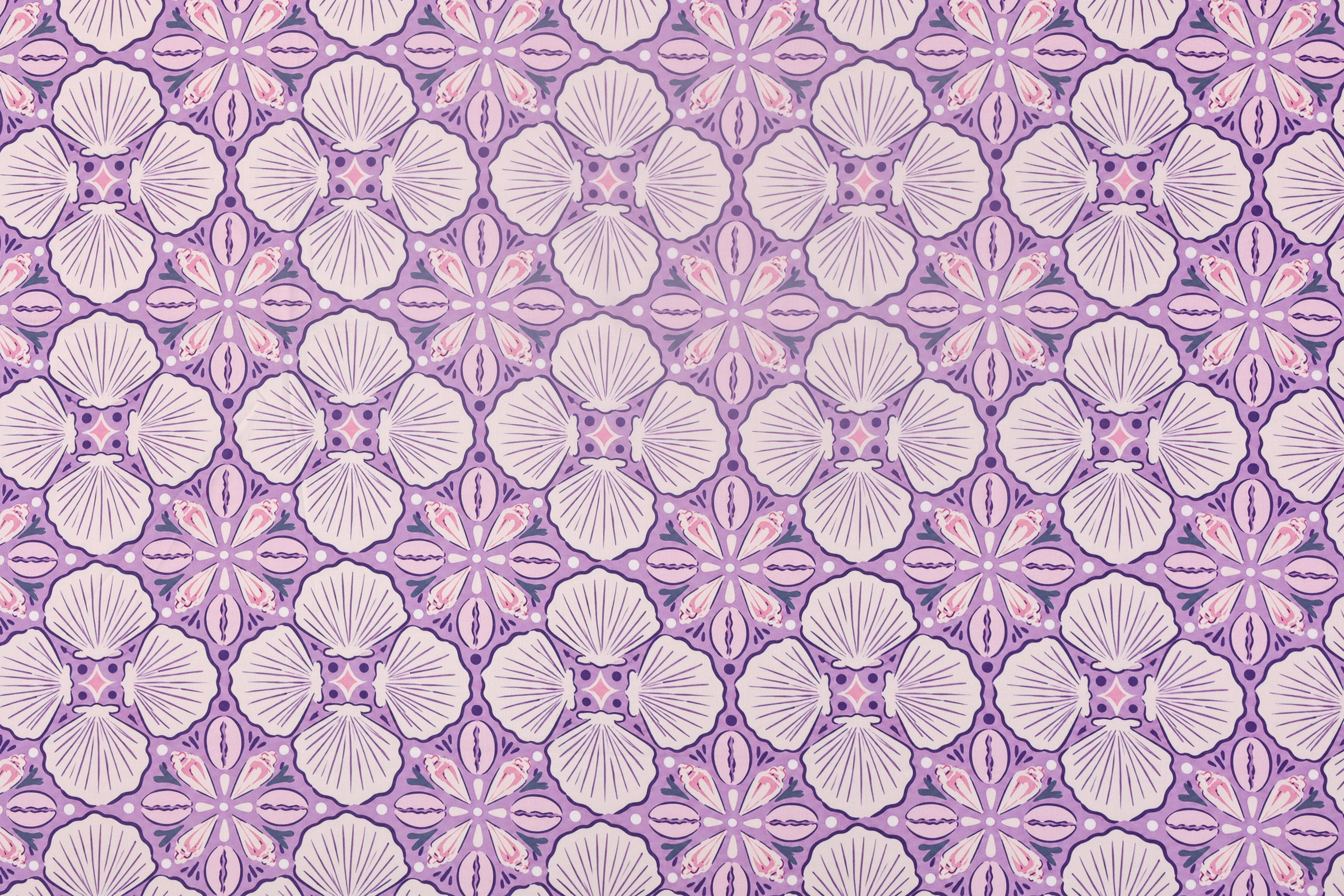100% Cotton Printed Fabric - Seashell Print, Lilac and Aqua, 73 GSM, Width 145 CM
