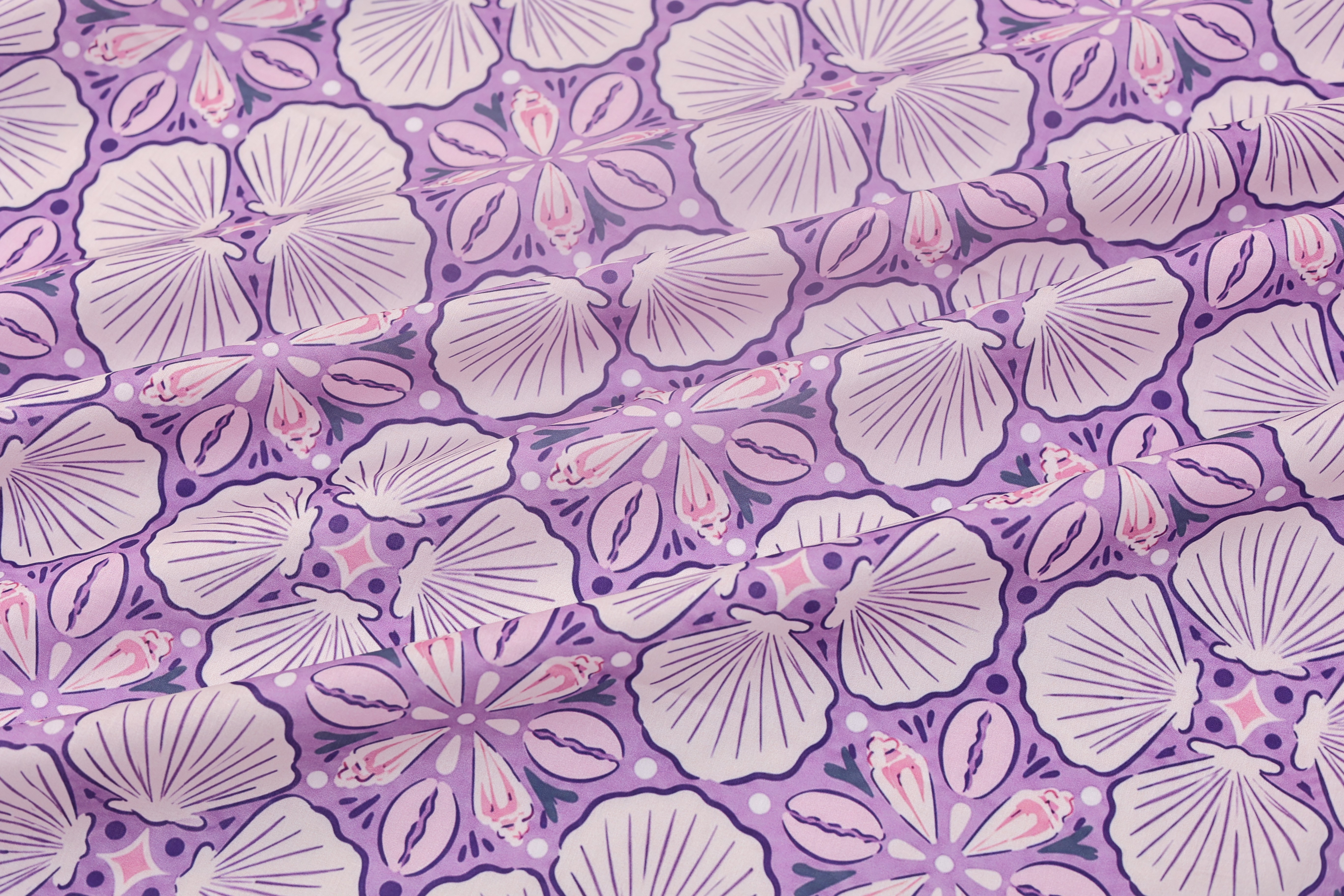 100% Cotton Printed Fabric - Seashell Print, Lilac and Aqua, 73 GSM, Width 145 CM