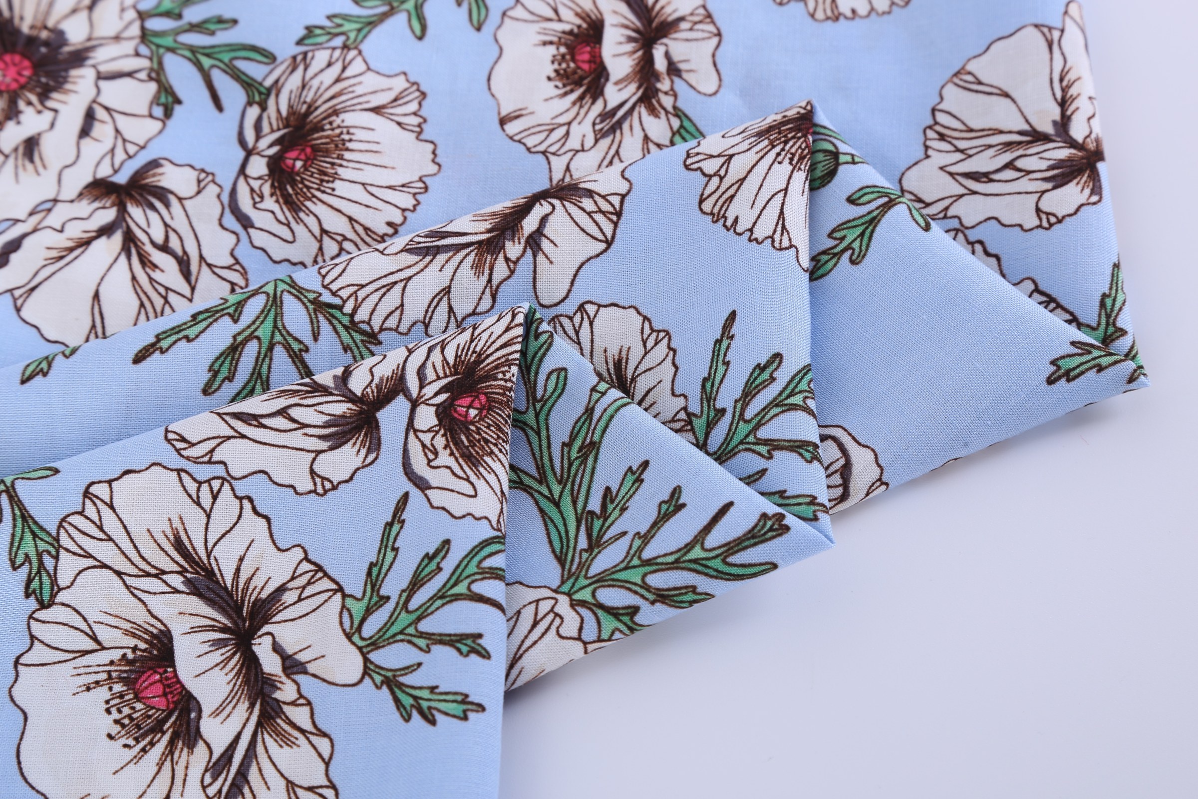 55% Linen 45% Viscose Printed Fabric - White Poppy Print on Light Blue, 120 GSM, Width 140 CM