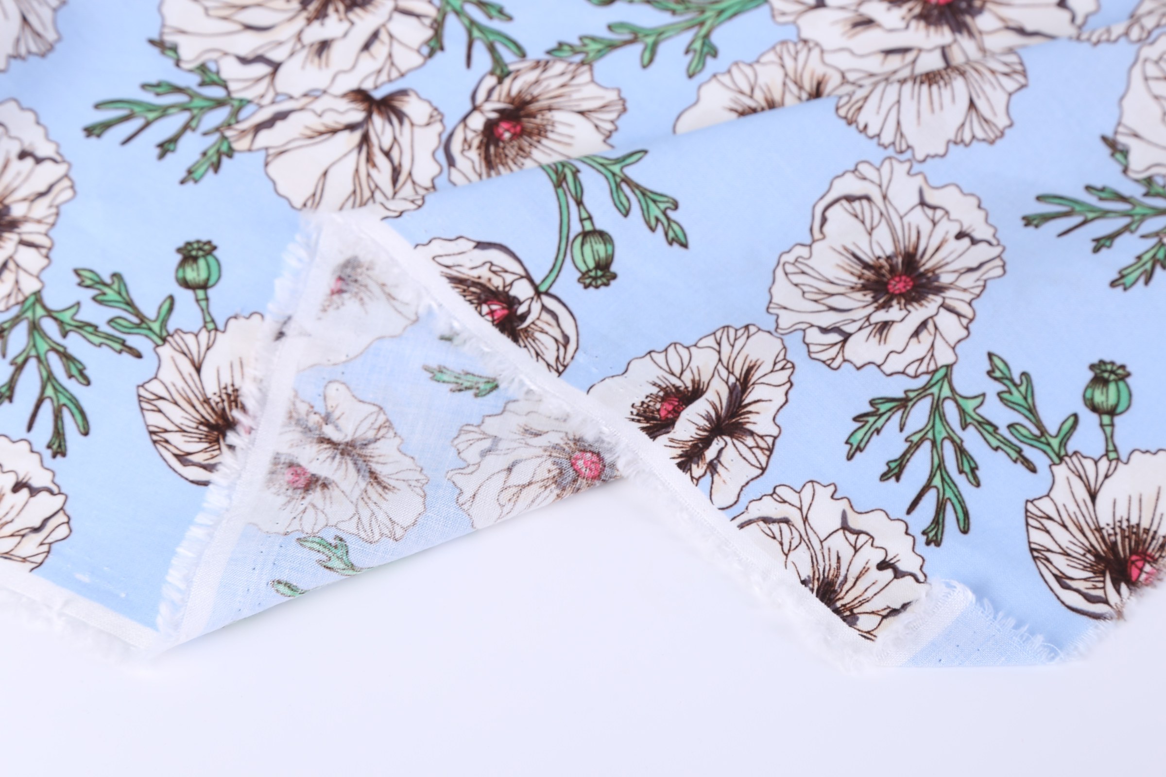 55% Linen 45% Viscose Printed Fabric - White Poppy Print on Light Blue, 120 GSM, Width 140 CM