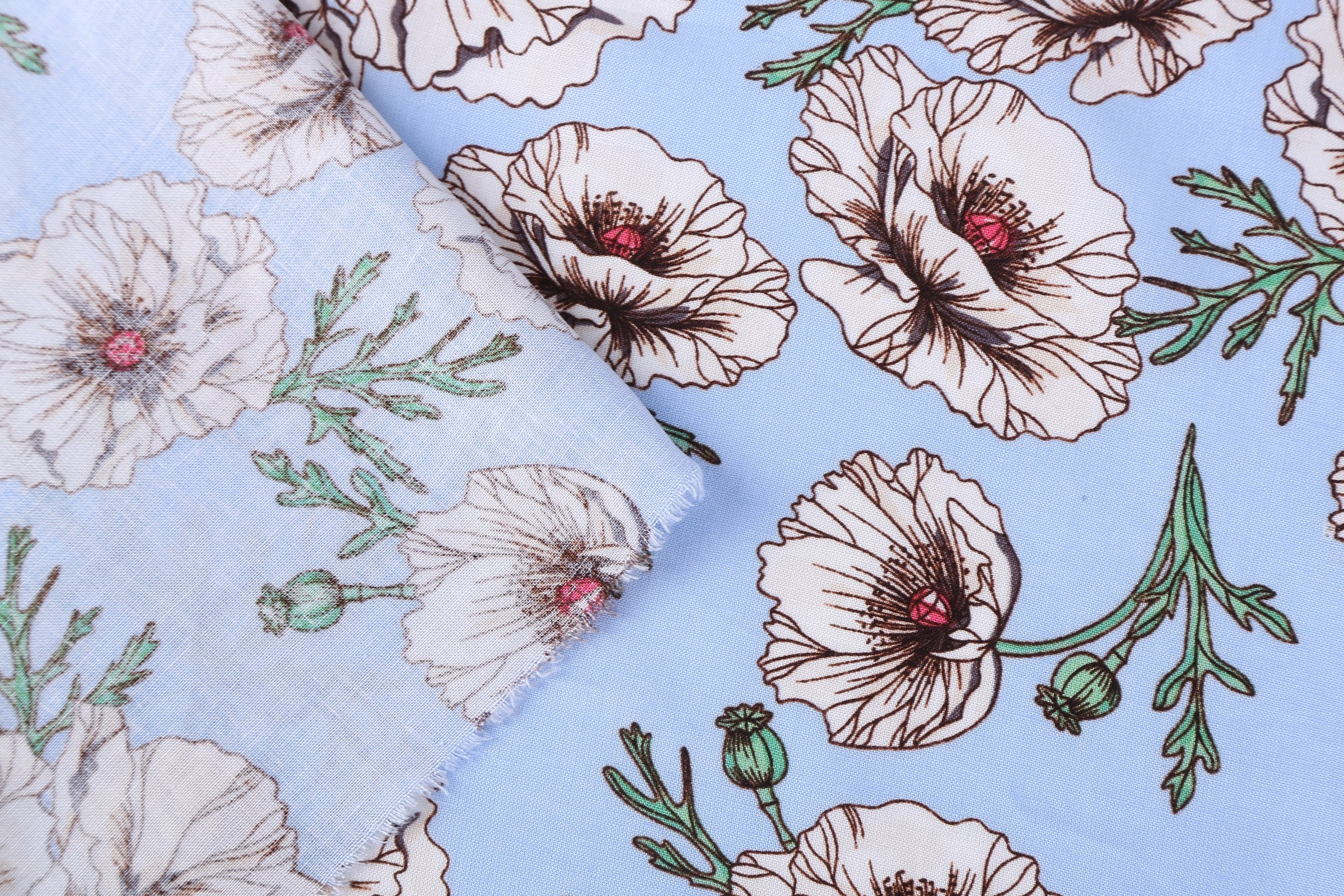 55% Linen 45% Viscose Printed Fabric - White Poppy Print on Light Blue, 120 GSM, Width 140 CM