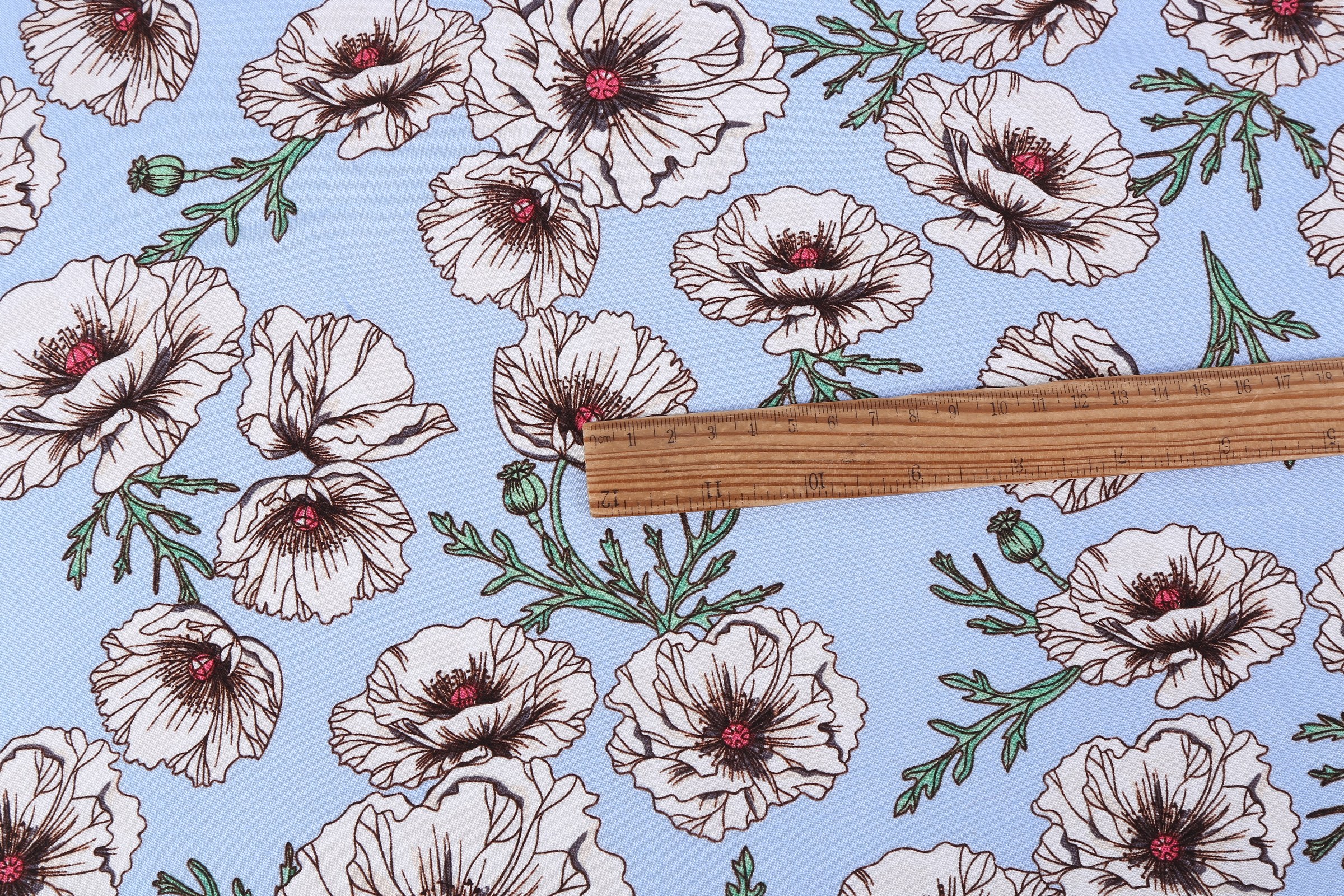 55% Linen 45% Viscose Printed Fabric - White Poppy Print on Light Blue, 120 GSM, Width 140 CM
