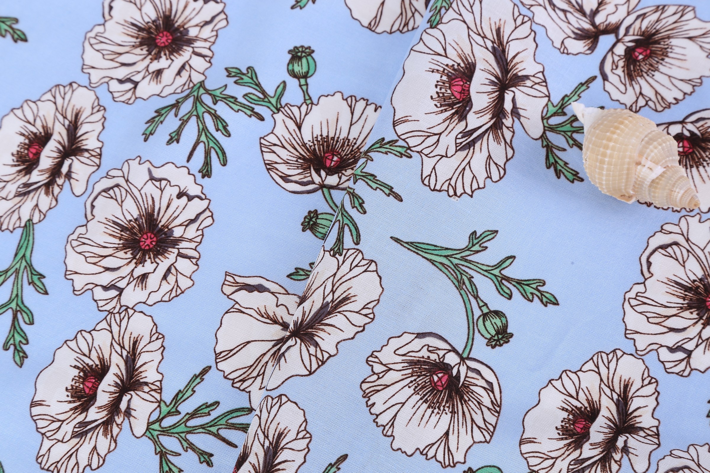 55% Linen 45% Viscose Printed Fabric - White Poppy Print on Light Blue, 120 GSM, Width 140 CM
