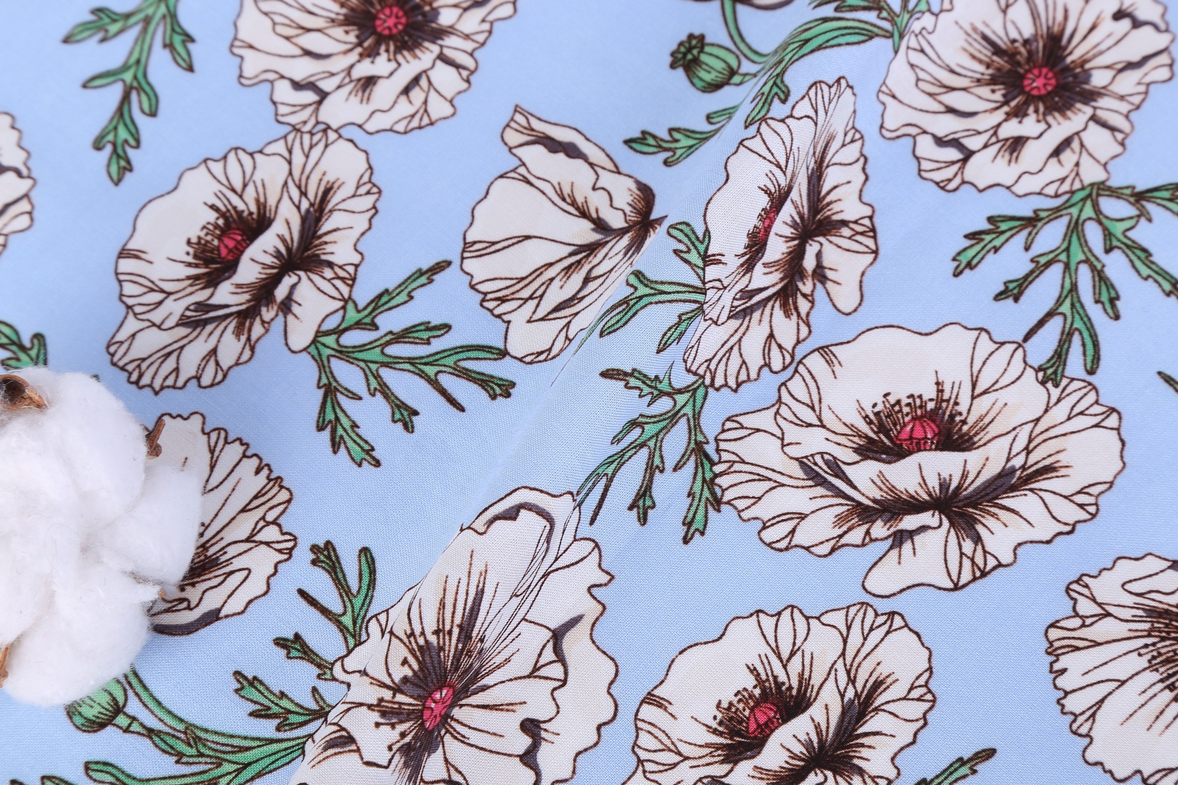 55% Linen 45% Viscose Printed Fabric - White Poppy Print on Light Blue, 120 GSM, Width 140 CM