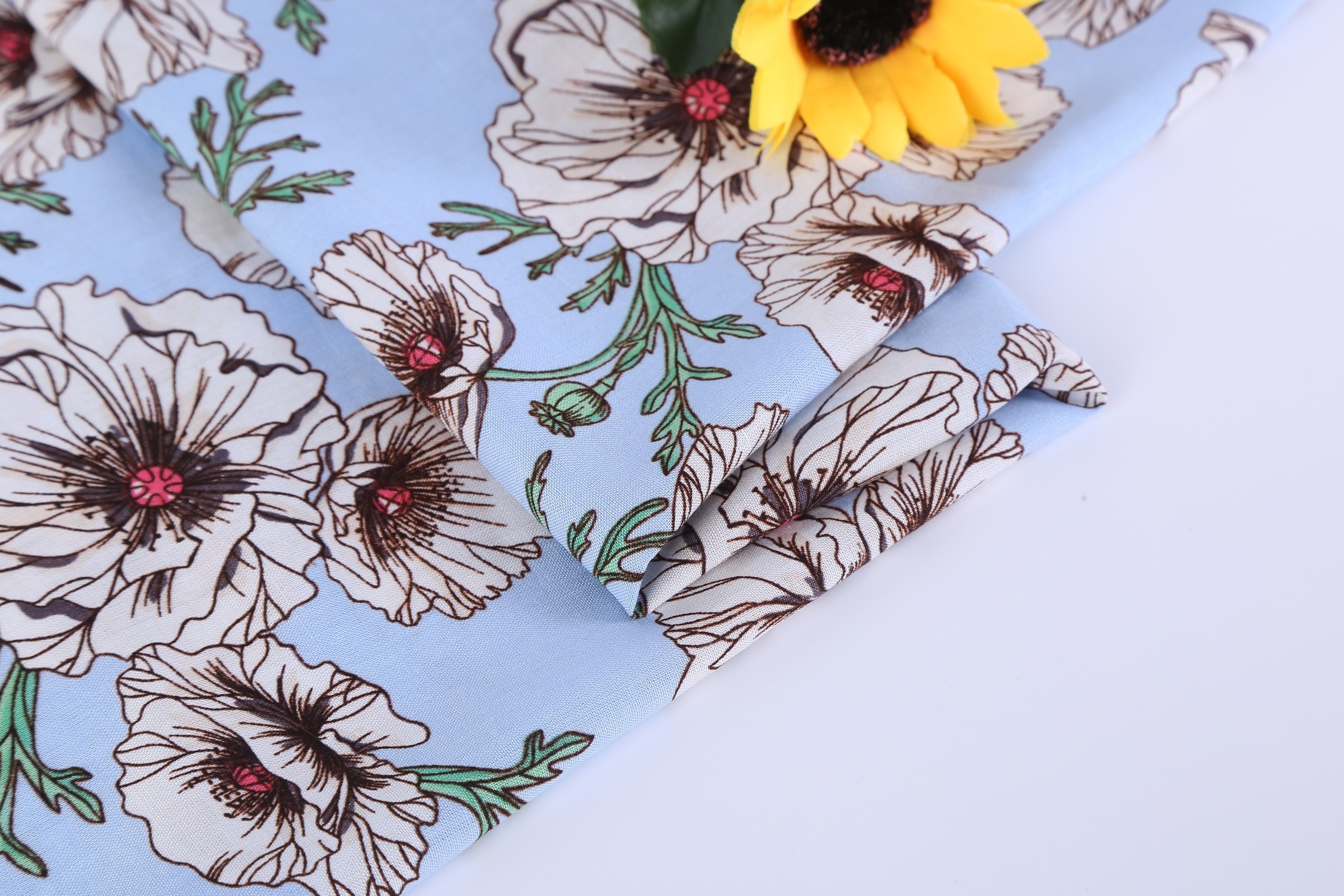55% Linen 45% Viscose Printed Fabric - White Poppy Print on Light Blue, 120 GSM, Width 140 CM