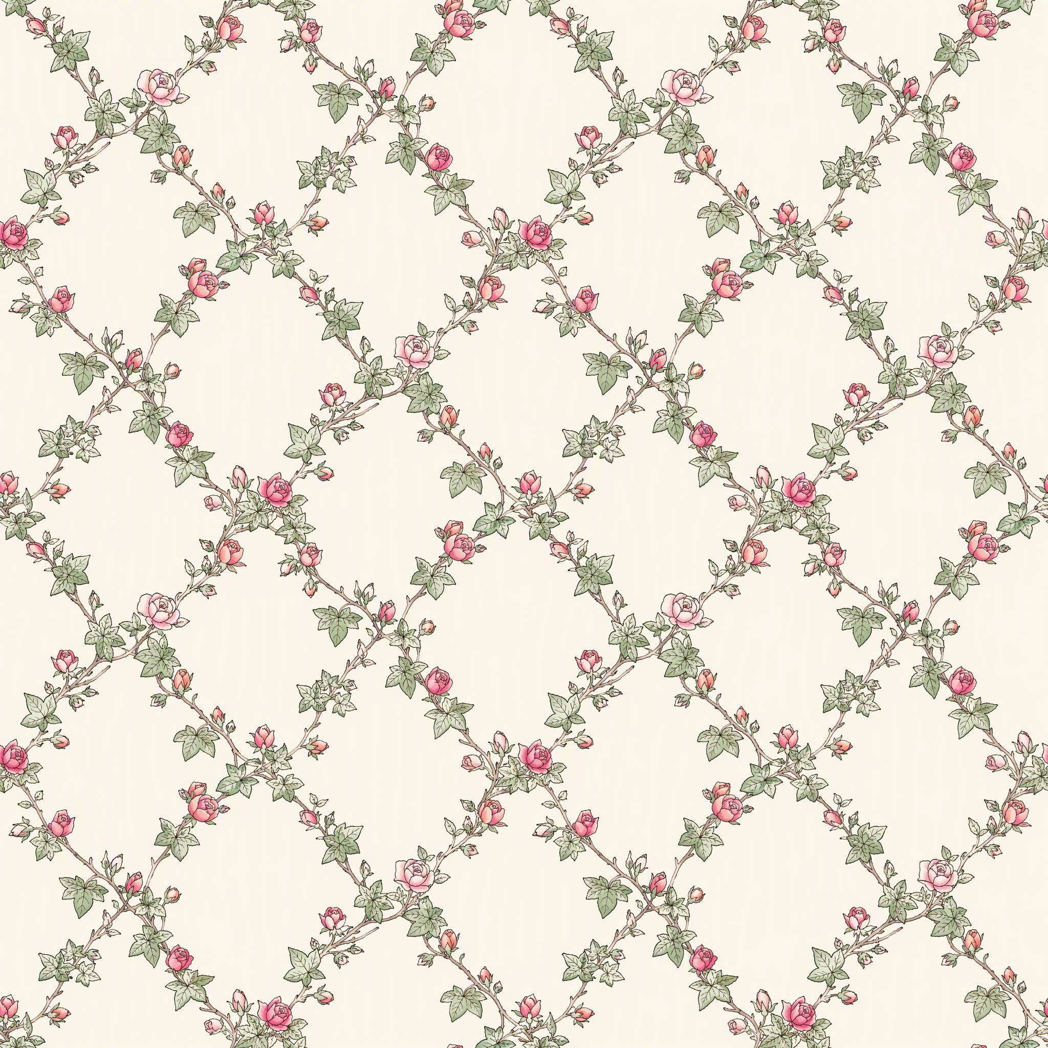 100% Cotton Digital Print Fabric - Ivy Trellis, Blush Trellis Vine, Rosebud Stripe, 73 GSM, Width 145 CM