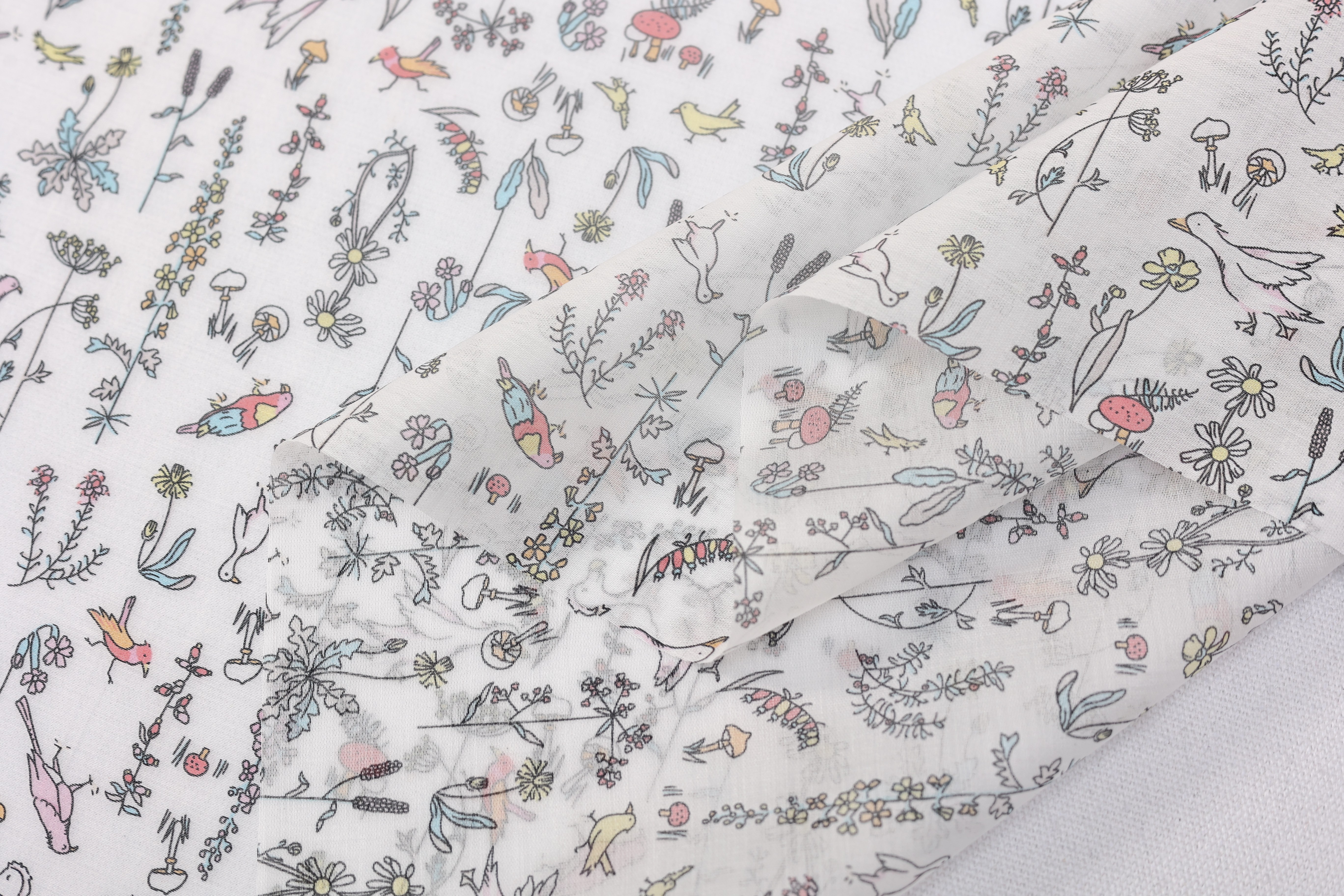 15% Nylon 85% Tencel Printed Fabric - Meadow Bird and Mushroom Print, 50 GSM, Width 148 CM