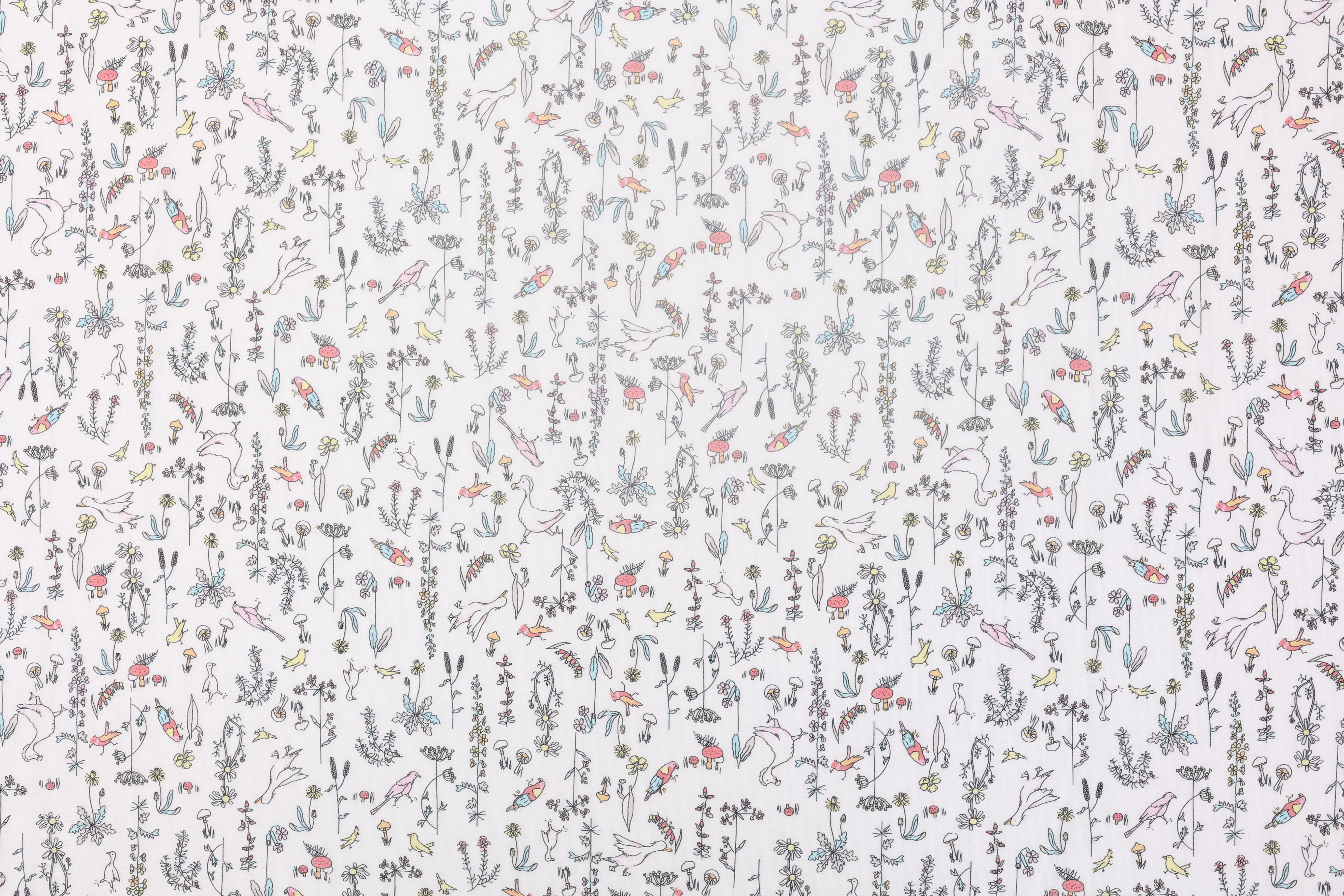 15% Nylon 85% Tencel Printed Fabric - Meadow Bird and Mushroom Print, 50 GSM, Width 148 CM