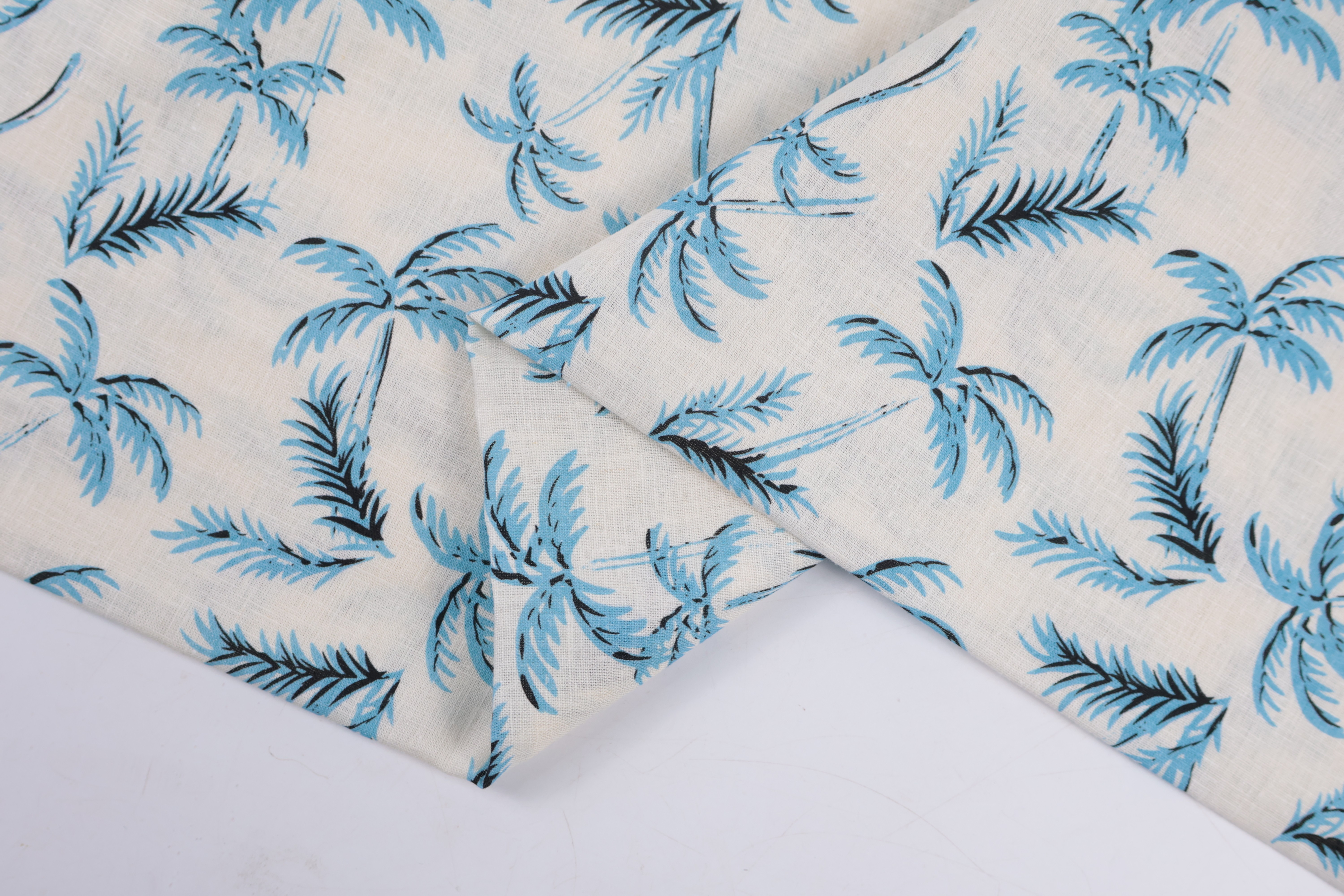 55% Linen 45% Viscose Printed Fabric - Blue Palm Print, 120 GSM, Width 140 CM