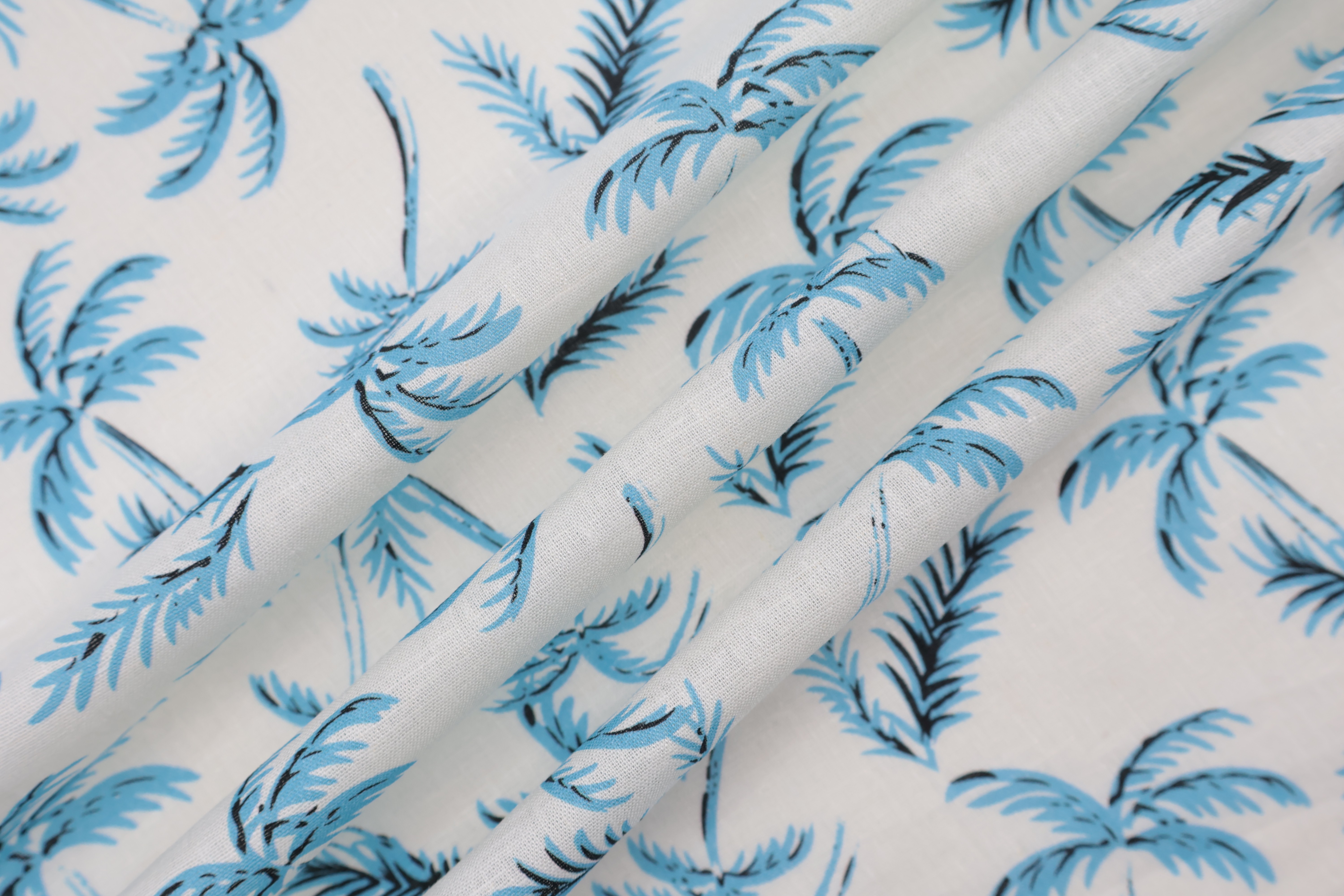 55% Linen 45% Viscose Printed Fabric - Blue Palm Print, 120 GSM, Width 140 CM