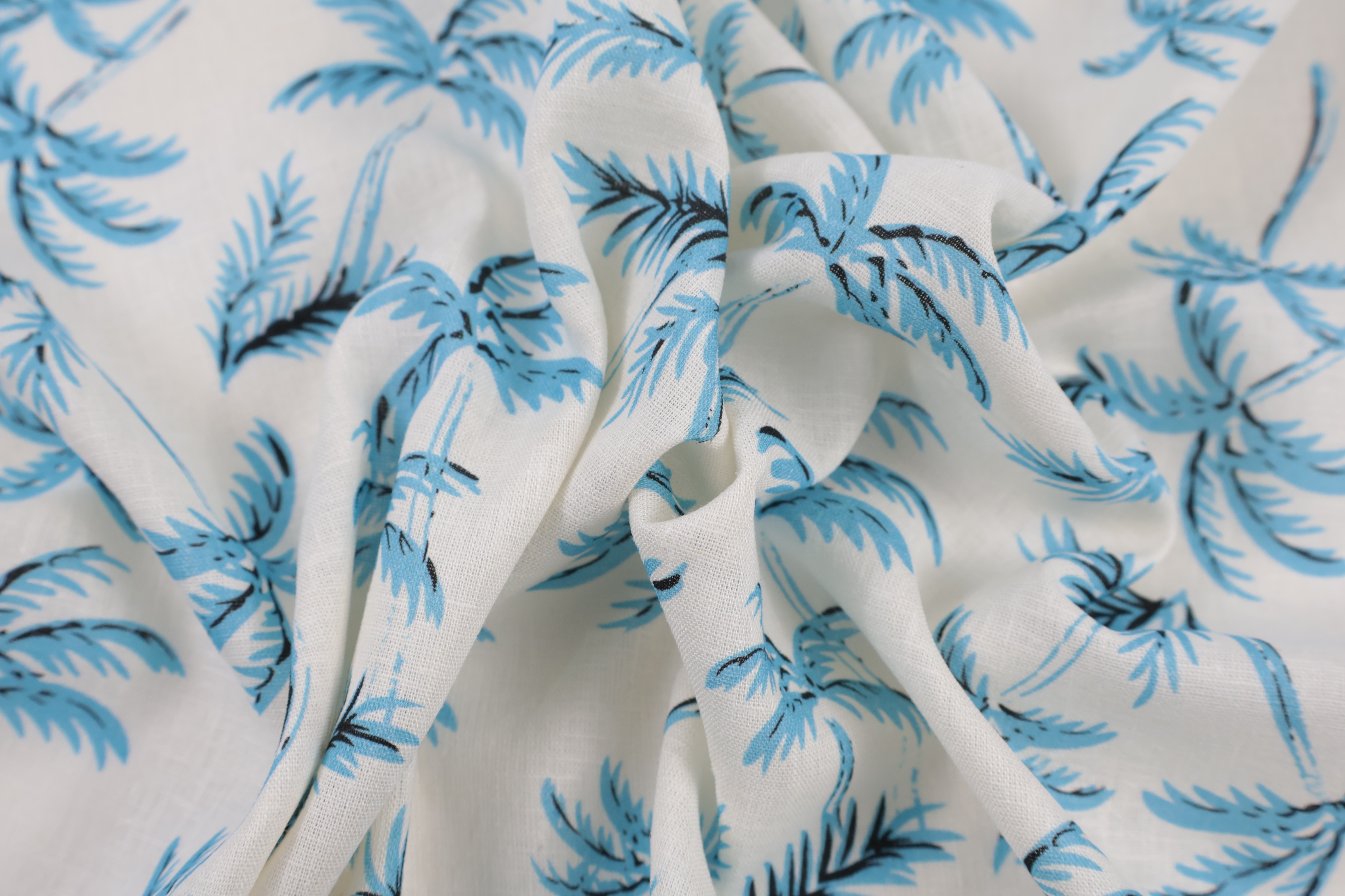 55% Linen 45% Viscose Printed Fabric - Blue Palm Print, 120 GSM, Width 140 CM