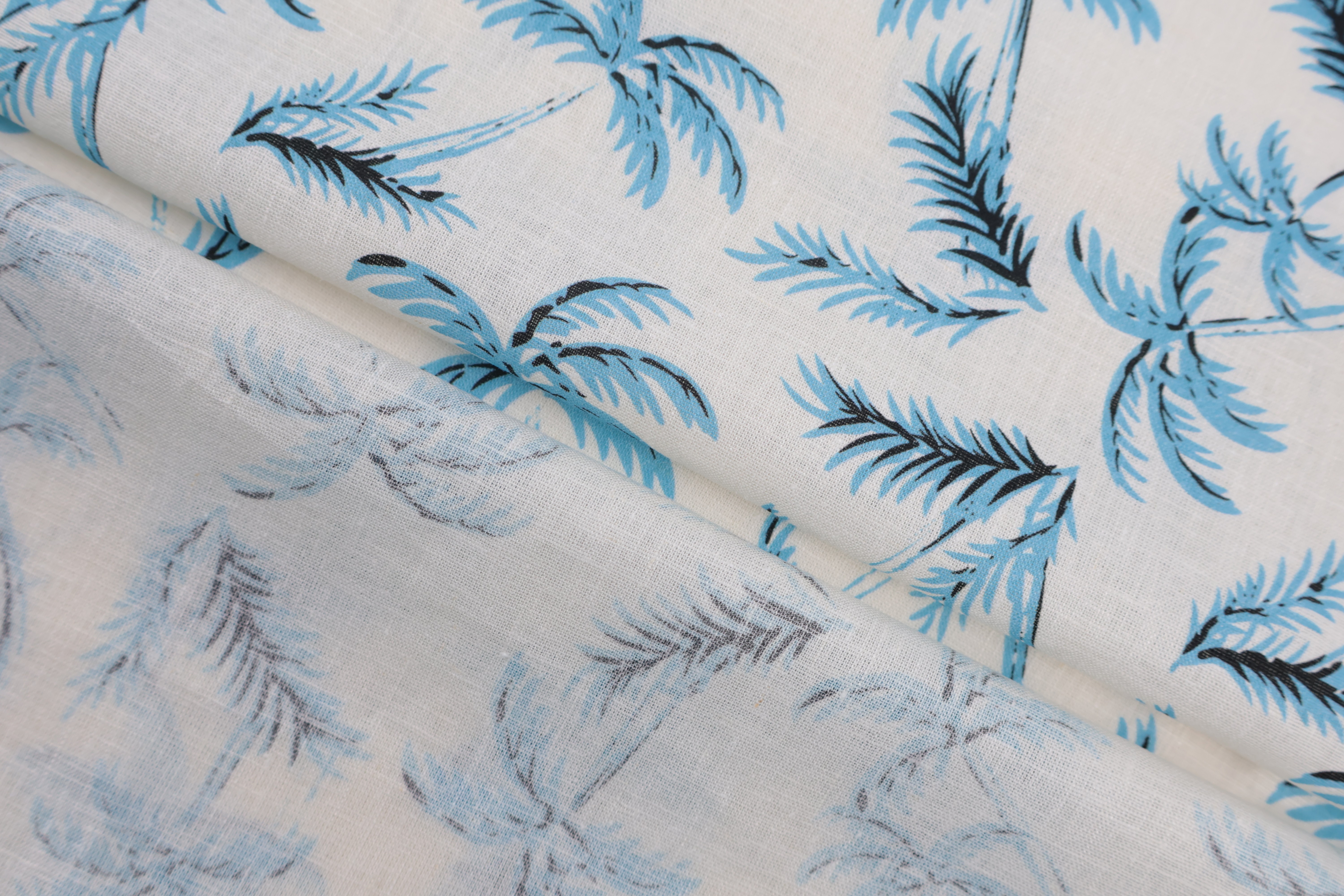 55% Linen 45% Viscose Printed Fabric - Blue Palm Print, 120 GSM, Width 140 CM