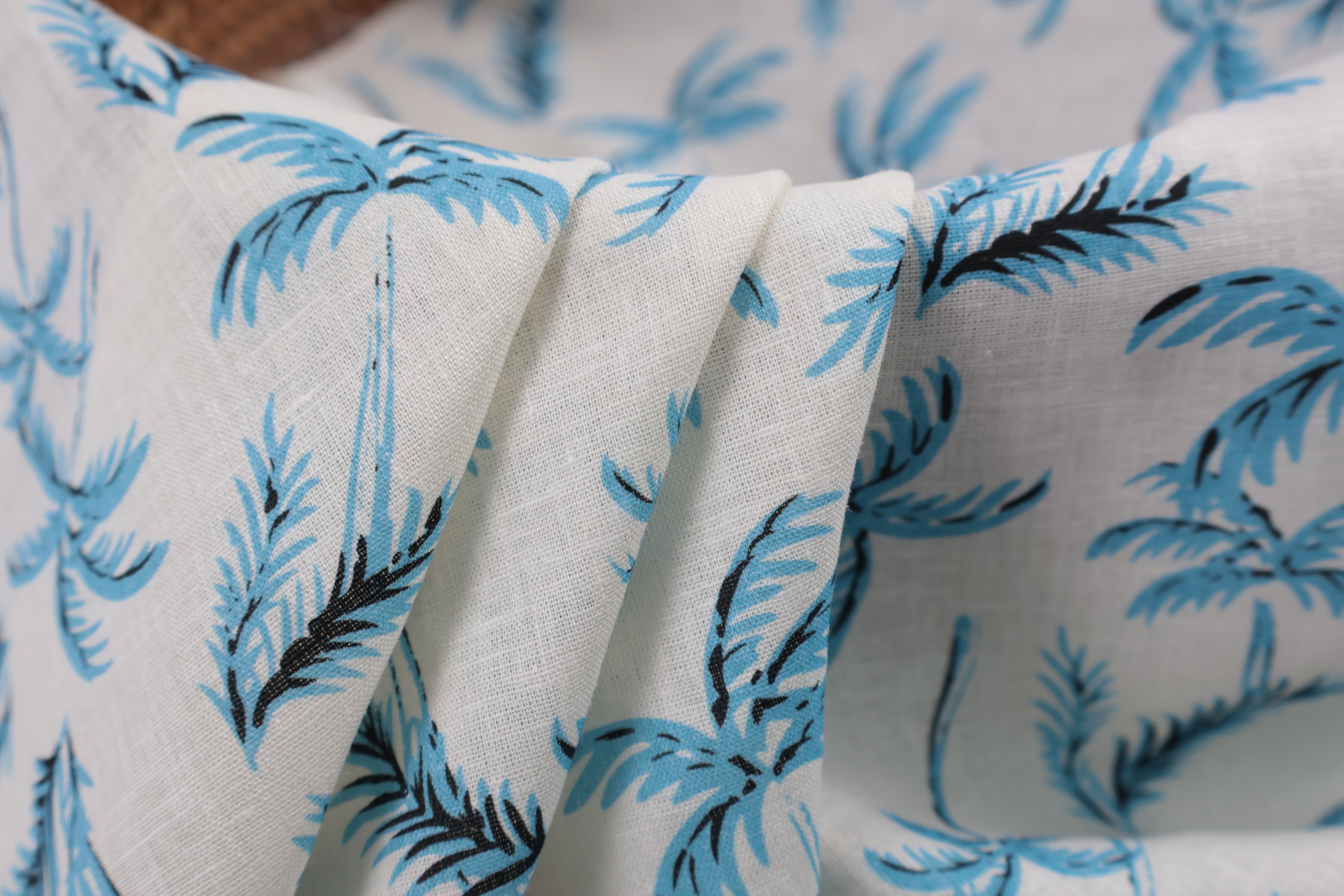 55% Linen 45% Viscose Printed Fabric - Blue Palm Print, 120 GSM, Width 140 CM