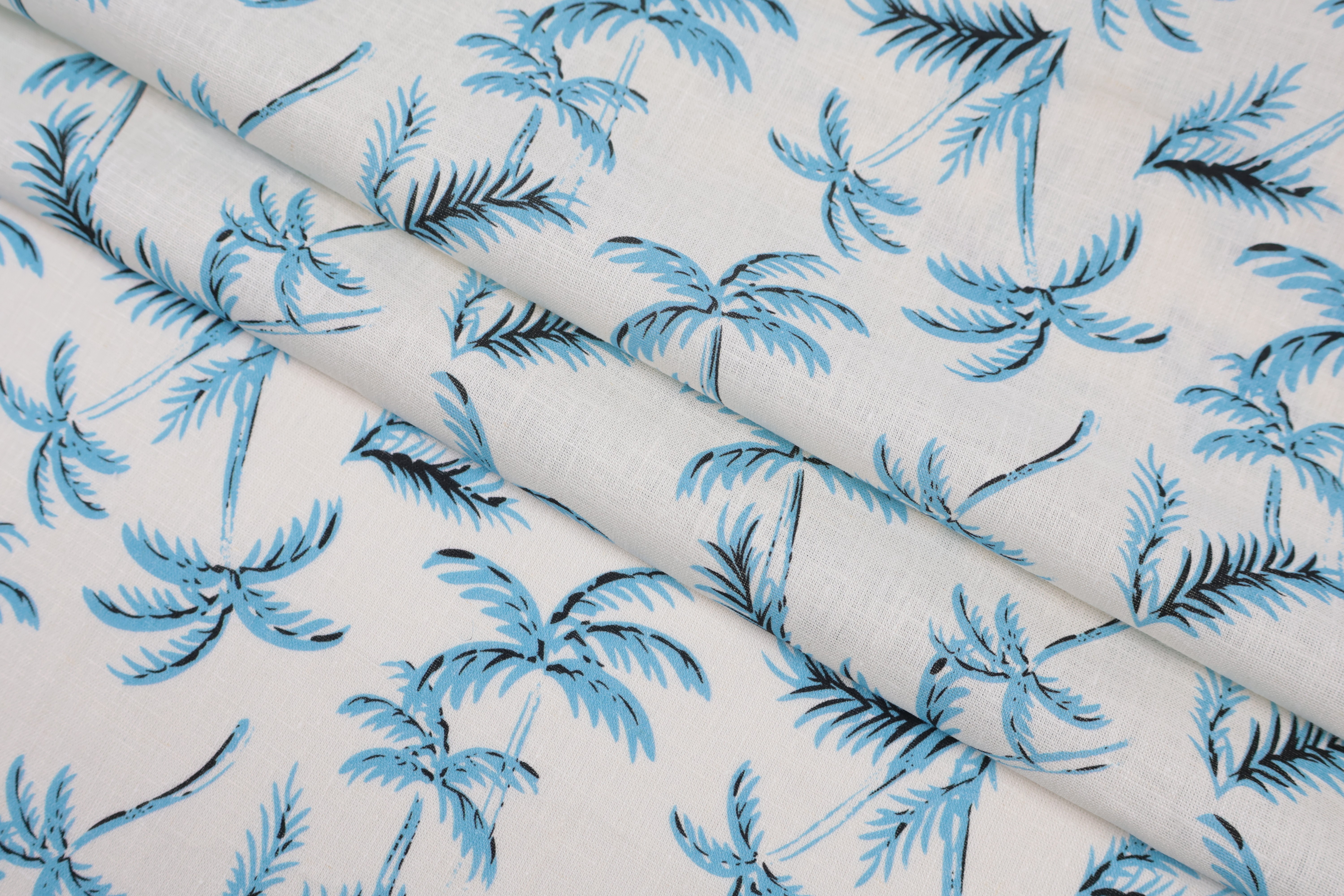 55% Linen 45% Viscose Printed Fabric - Blue Palm Print, 120 GSM, Width 140 CM