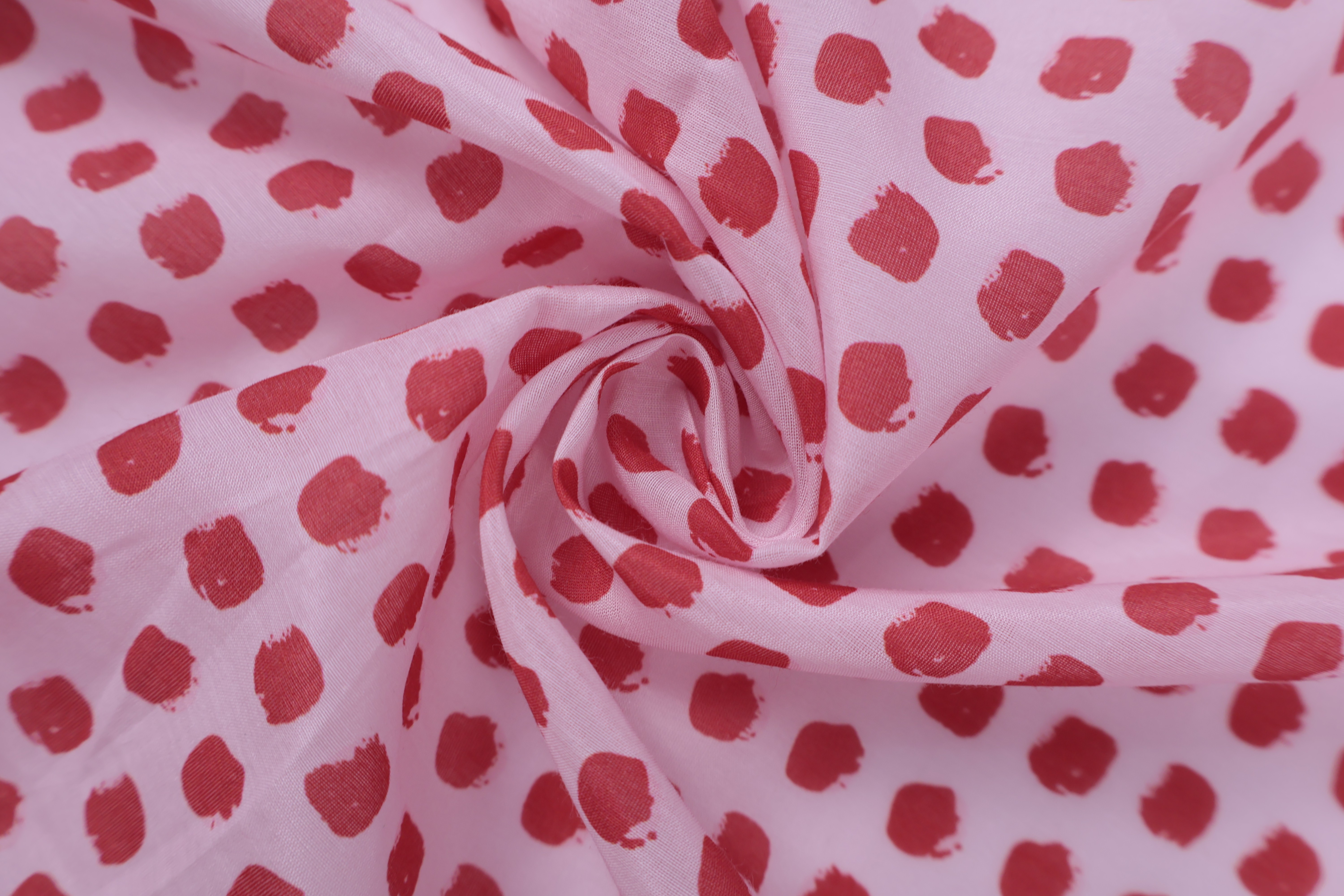 30% Silk 70% Cotton Printed Fabric (12mm) - Blue and Red Brush Dot Print, 60 GSM, Width 140 CM