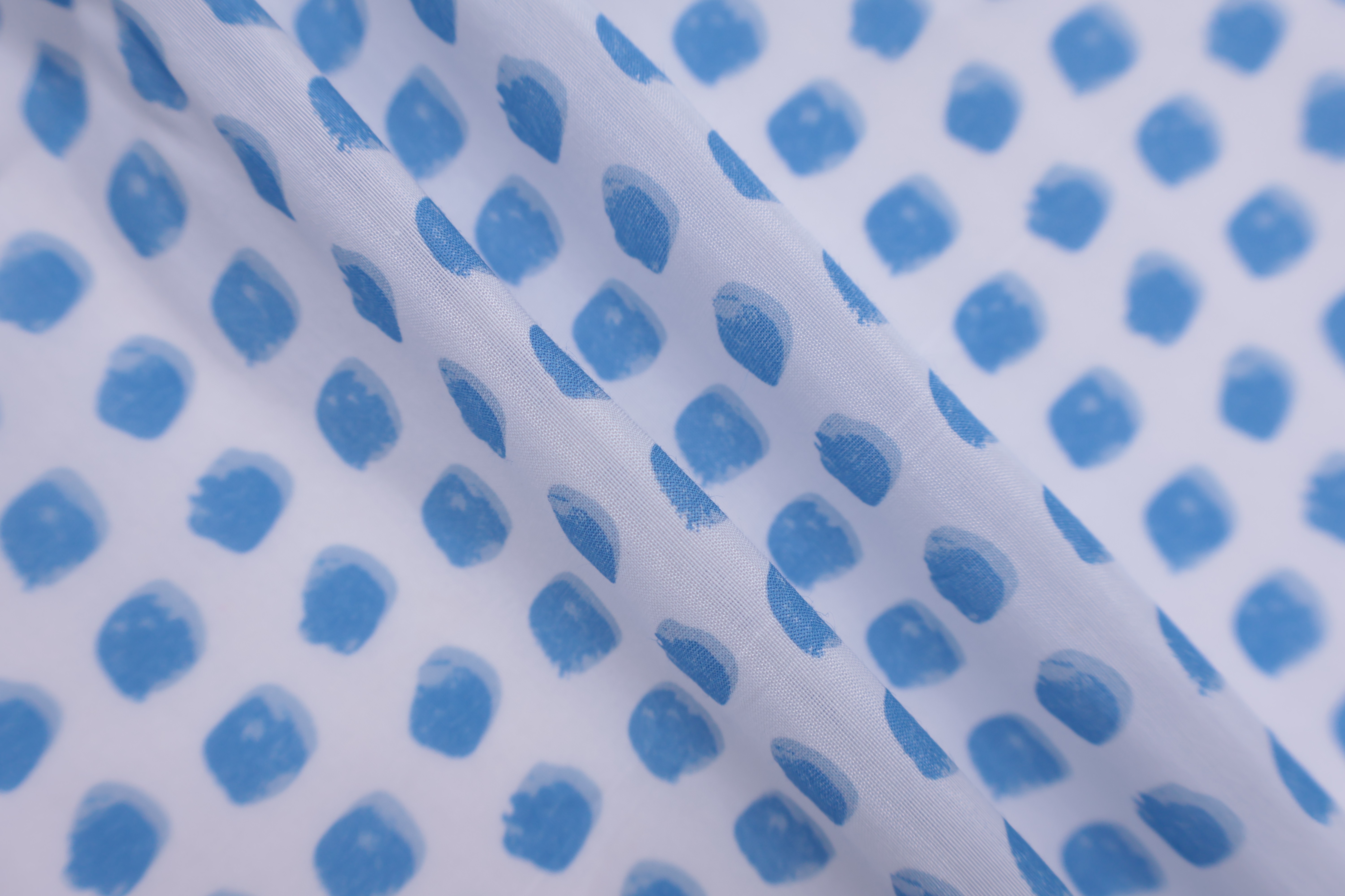 30% Silk 70% Cotton Printed Fabric (12mm) - Blue and Red Brush Dot Print, 60 GSM, Width 140 CM