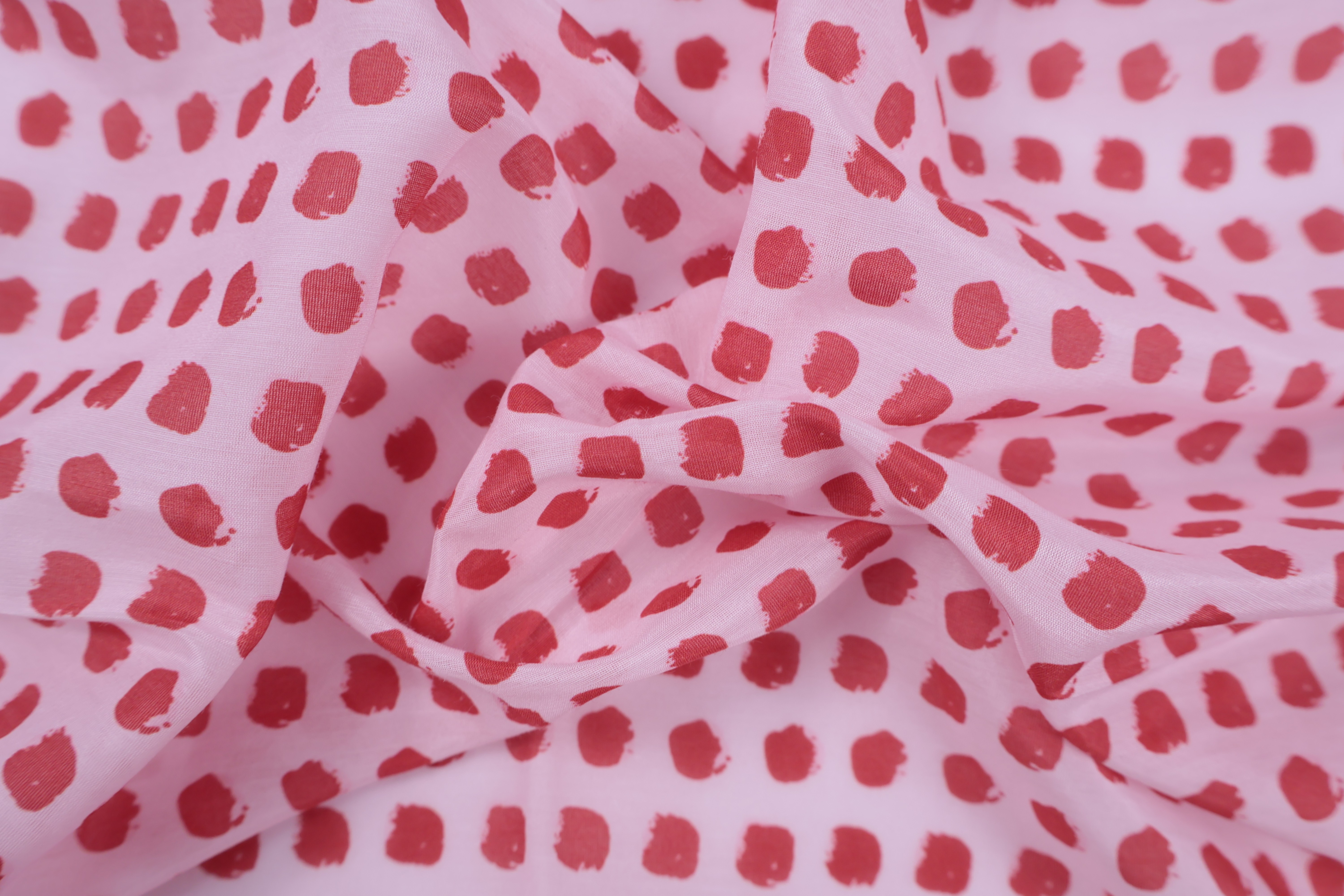 30% Silk 70% Cotton Printed Fabric (12mm) - Blue and Red Brush Dot Print, 60 GSM, Width 140 CM