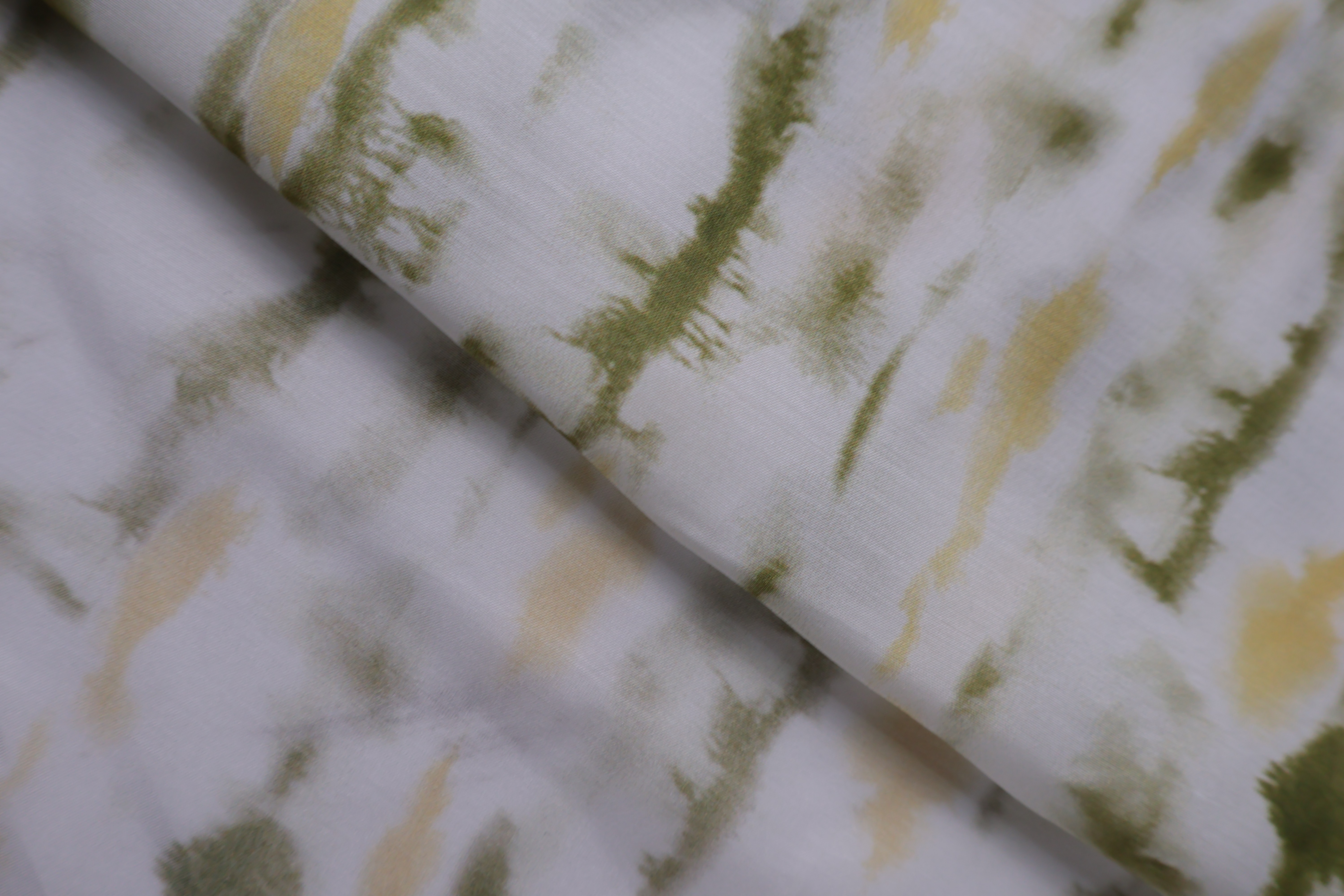 30% Silk 70% Rayon Printed Fabric (12mm) - Green and Yellow Brush Print, 60 GSM, Width 140 CM