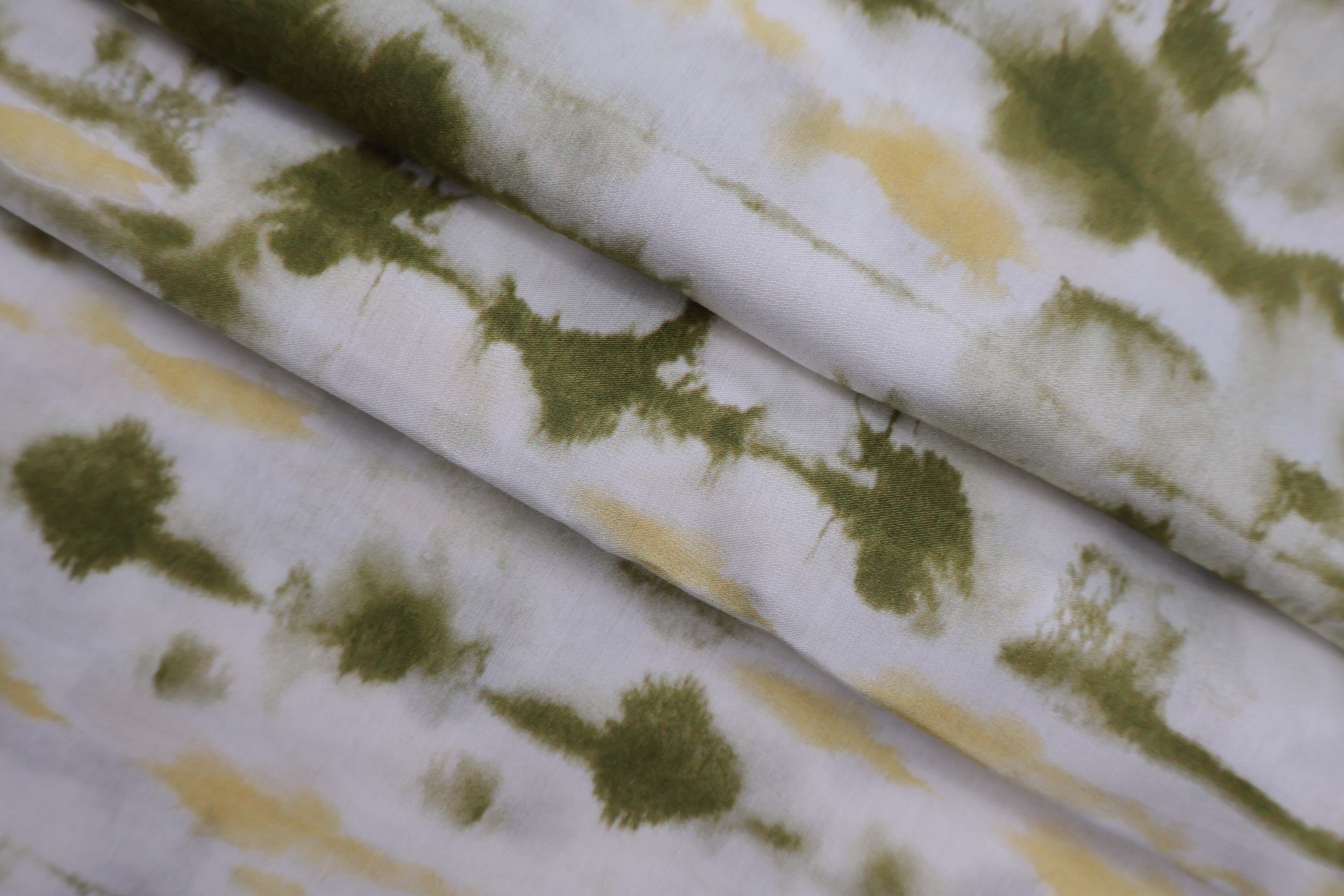 30% Silk 70% Rayon Printed Fabric (12mm) - Green and Yellow Brush Print, 60 GSM, Width 140 CM